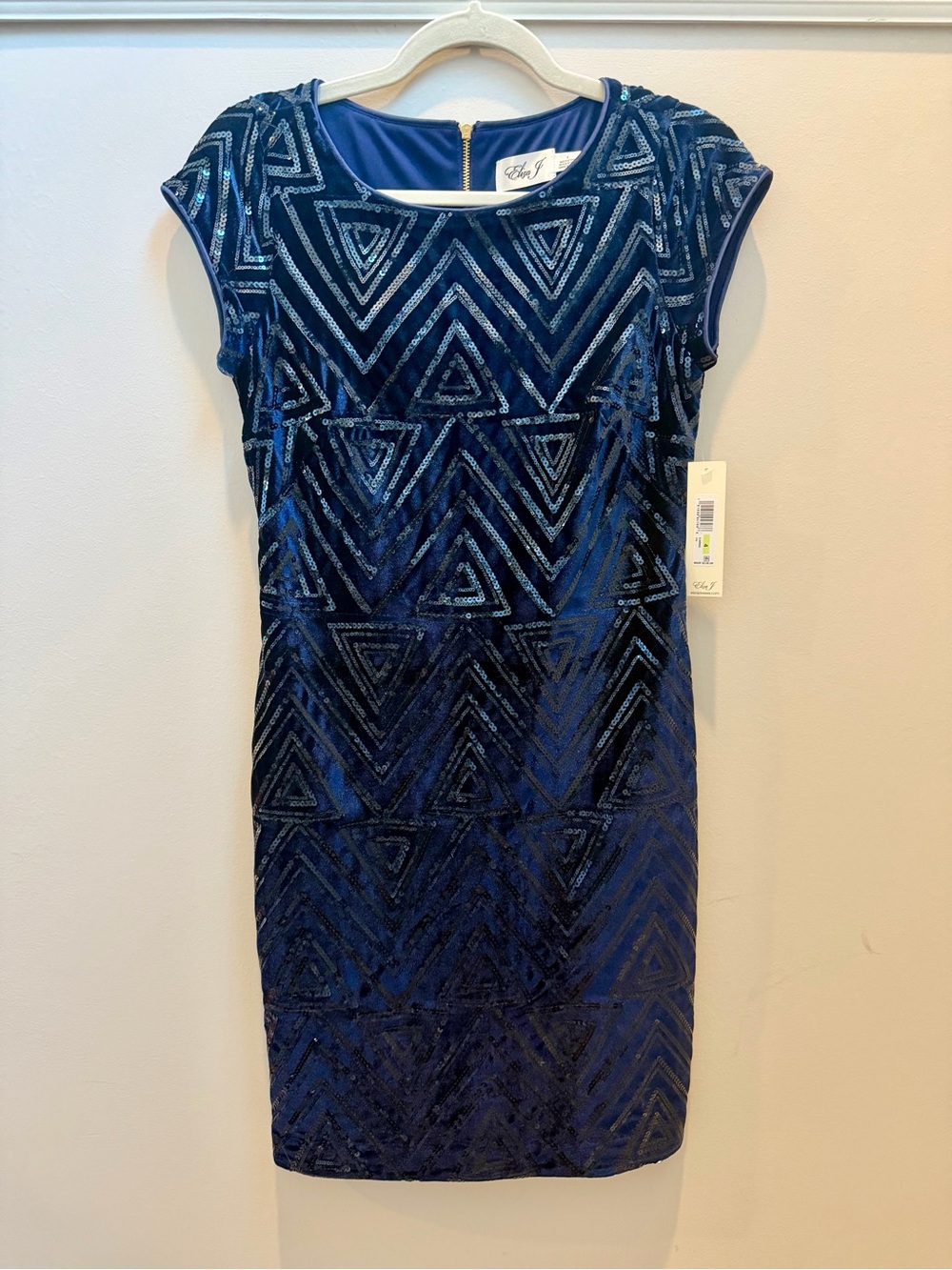 NWT Eliza J Navy Sequin Velvet and Sequin Geometric Sheath Dress Sz 4
